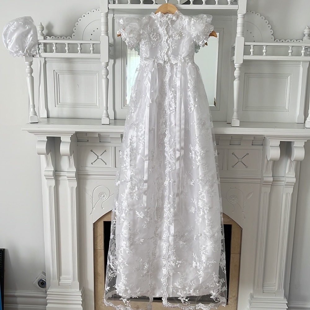 White Lace and Satin Embroidered Christening Baptism Dress